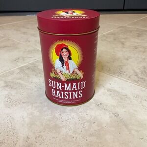 Vintage Sun-Maid Raisins Collectible Red Metal Tin Storage Canister with Recipe